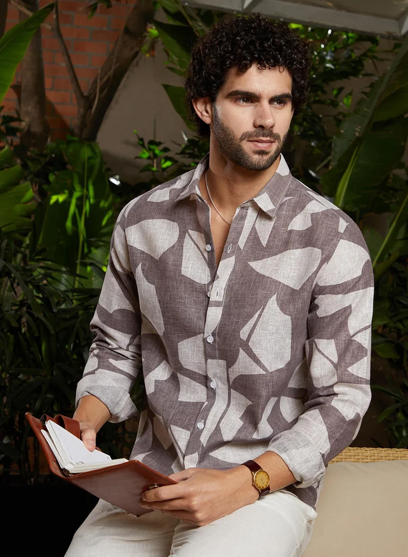 Campus Sutra Men's Ash Brown Abstract Heathered Shirt For Casual Wear | Spread Collar | Long Cuffed Sleeves | Button Closure | Shirt Crafted With Comfort Fit For Everyday Wear