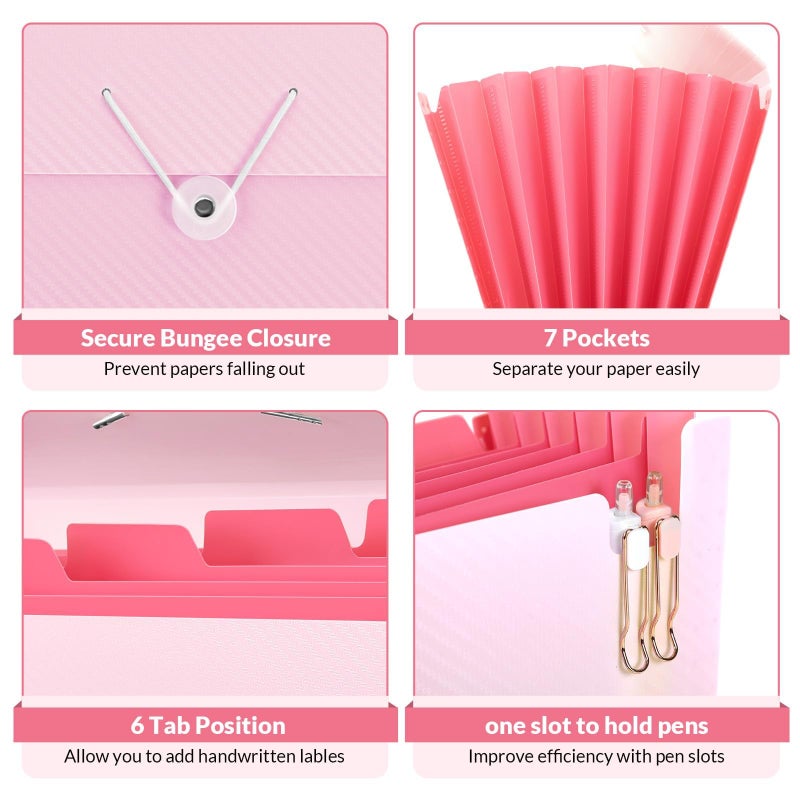 SKYDUE Pink School Office Supplies, Accordion File Organizer - 7 Pocket Letter Size Expanding Folder for School & Office - Portable Document Organizer - Image 4