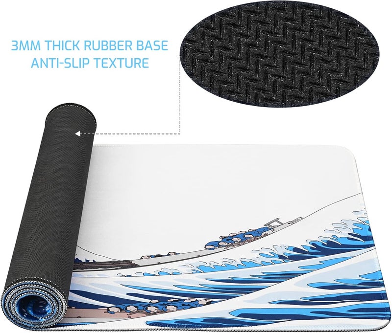 Tofun 31.4"x11.8"Extended Large Gaming Mouse Pad,XL Large Non-Slip Rubber Base Mousepad with Stitched Edges,Waterproof Keyboard Mouse Mat Desk Pad,Japanese Sea Wave, White and Blue Tones - Image 3