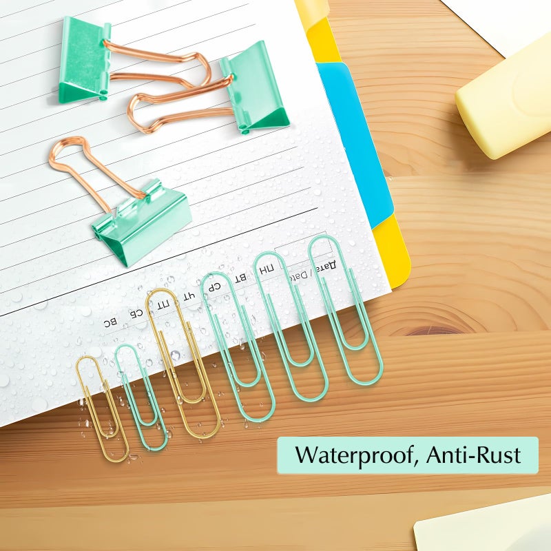 CREECHWA Cute Paper Clips Binder Clips Combo Set, 165 Psc, Assorted Size Paper Clips for Office, Cute Office Supplies Set, Green - Image 4