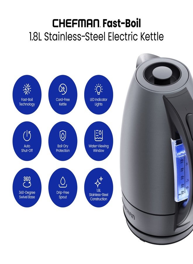 Chefman Electric Kettle, 1.8 Liter Stainless Steel Electric Tea Kettle Water Boiler with Automatic Shutoff, LED Lights, Boil-Dry Protection, Hot Water Electric Kettles for Boiling Water, Grey - Image 2