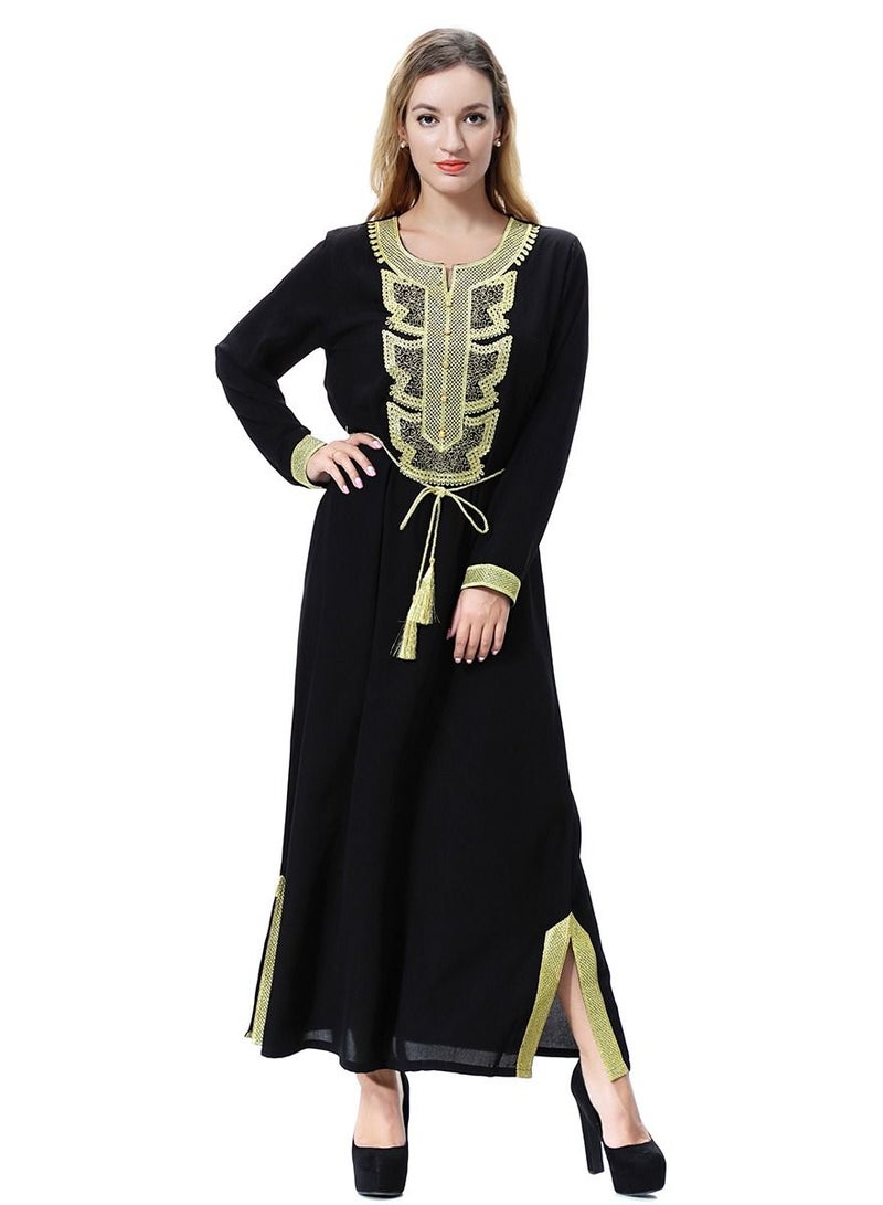 Loquat Women's Long Sleeve Maxi Long Casual Dress Robe With Belt Black/Gold  - Image 1
