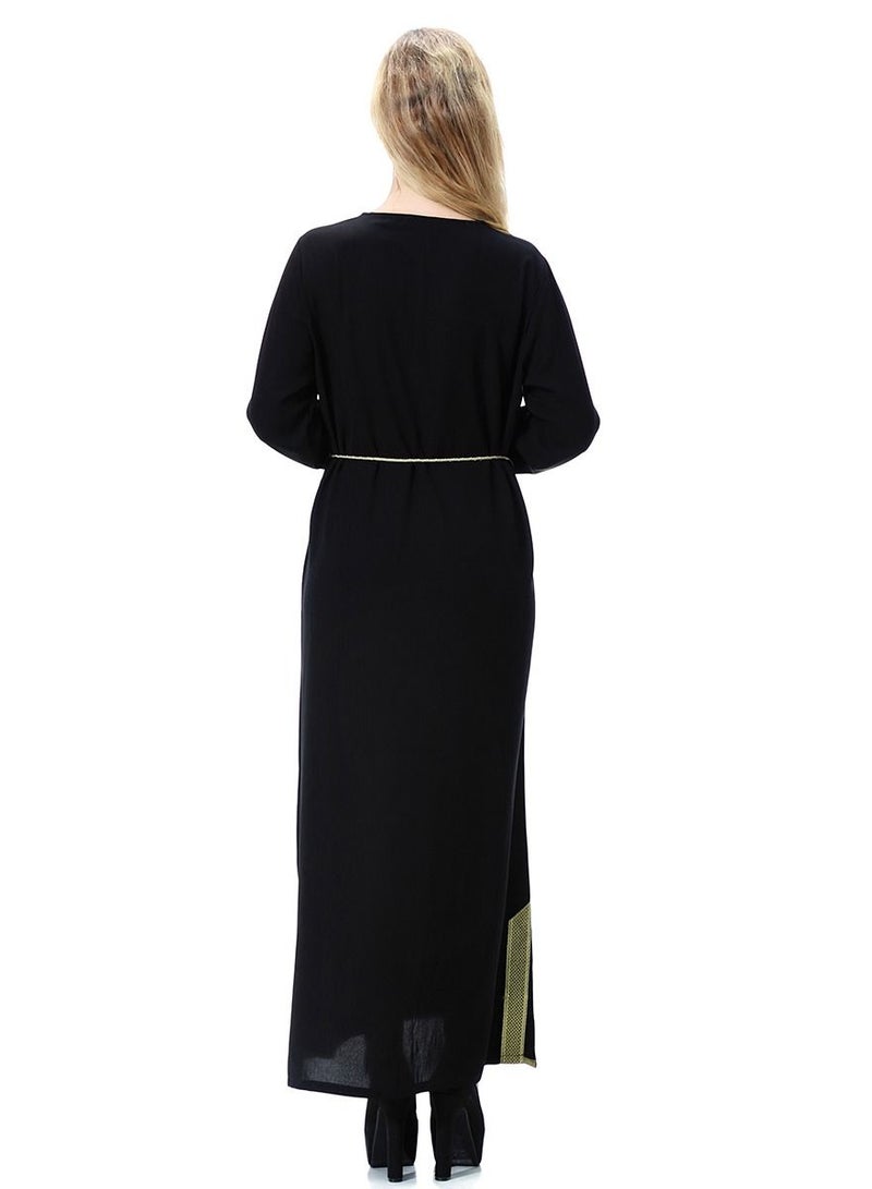 Loquat Women's Long Sleeve Maxi Long Casual Dress Robe With Belt Black/Gold  - Image 3