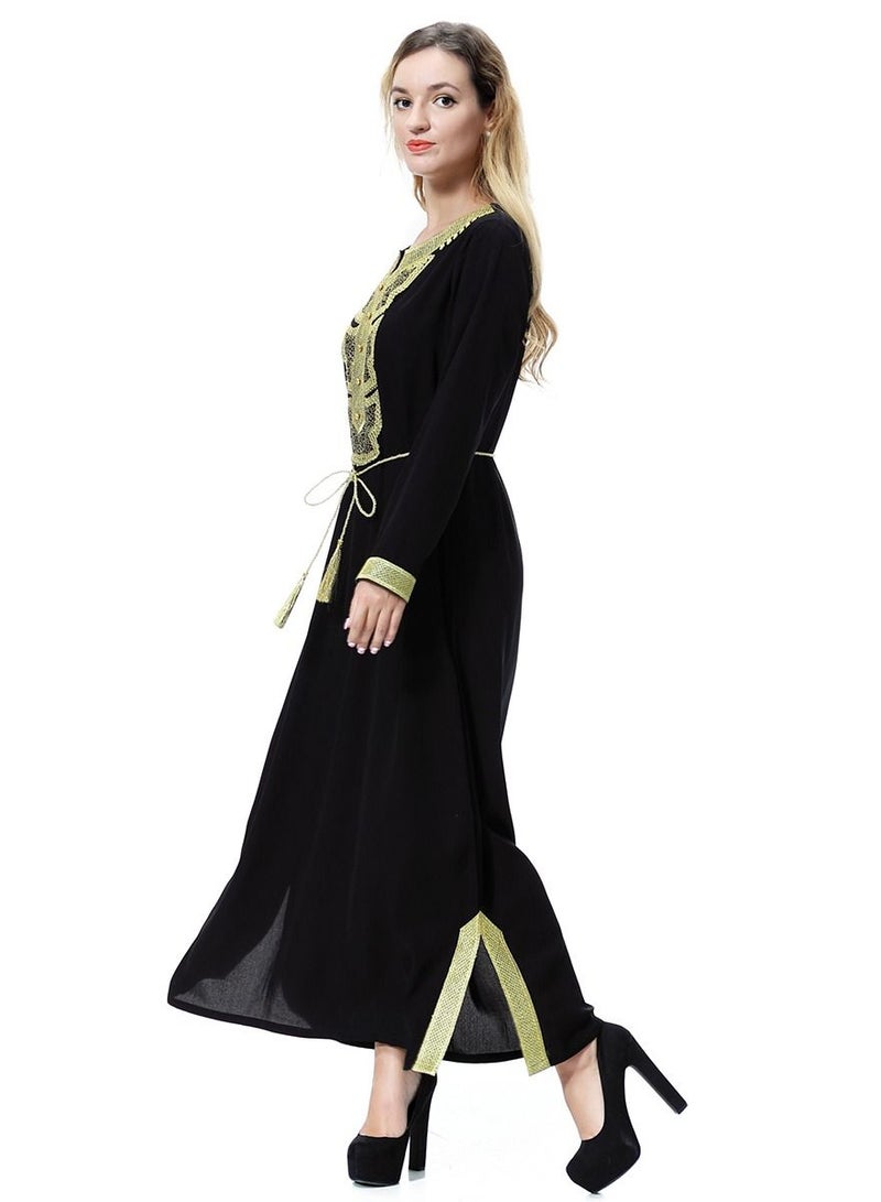 Loquat Women's Long Sleeve Maxi Long Casual Dress Robe With Belt Black/Gold  - Image 2