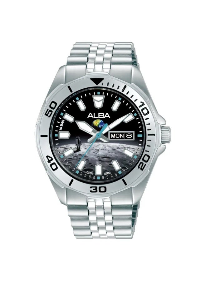 Alba AV3591X2 Active Quartz Men's Watch | Moon Graphic Black Dial | Stainless Steel Bracelet | Day-Date | 100M Water Resistant | 42mm - Image 1