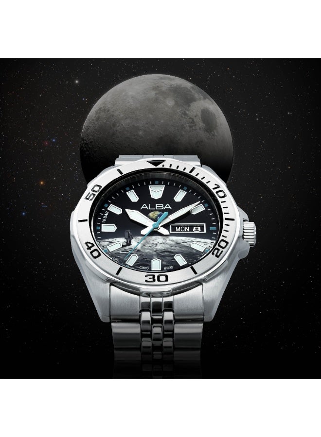 Alba AV3591X2 Active Quartz Men's Watch | Moon Graphic Black Dial | Stainless Steel Bracelet | Day-Date | 100M Water Resistant | 42mm - Image 2