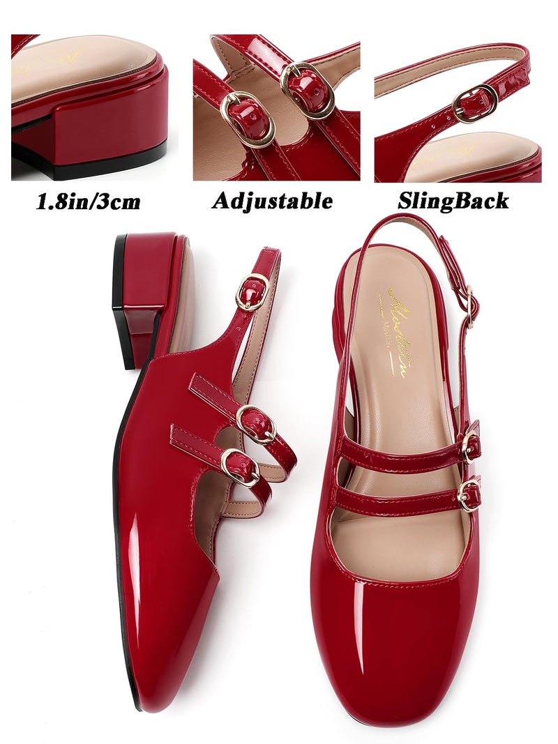 Mostrin Red Mary Jane Shoes Women Slingback Chunky Low Heels for Women Closed Rounded Toe Ankle Strap Pumps Daily Wedding Party Dress Shoes Size 8 - Image 5
