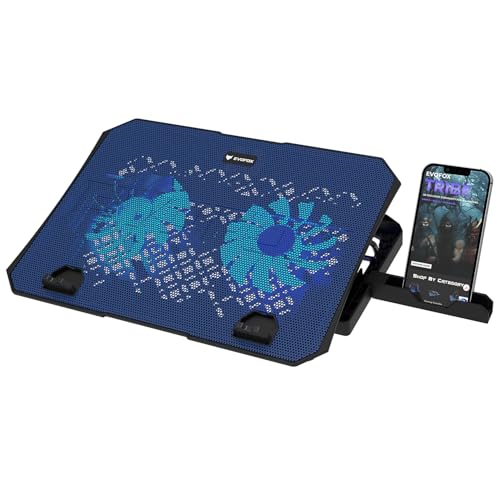 EvoFox Frost Laptop Cooling Pad with Phone Stand, 1000 RPM 2X Silent Fans, 5 Adjustable Angles, LED Lights, Durable Metal Mesh Surface, Ergonomic Stand for Laptops up to 15.6 inches (Blue) - Image 1