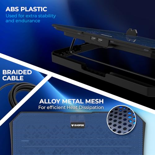 EvoFox Frost Laptop Cooling Pad with Phone Stand, 1000 RPM 2X Silent Fans, 5 Adjustable Angles, LED Lights, Durable Metal Mesh Surface, Ergonomic Stand for Laptops up to 15.6 inches (Blue) - Image 4