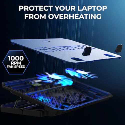 EvoFox Frost Laptop Cooling Pad with Phone Stand, 1000 RPM 2X Silent Fans, 5 Adjustable Angles, LED Lights, Durable Metal Mesh Surface, Ergonomic Stand for Laptops up to 15.6 inches (Blue) - Image 2