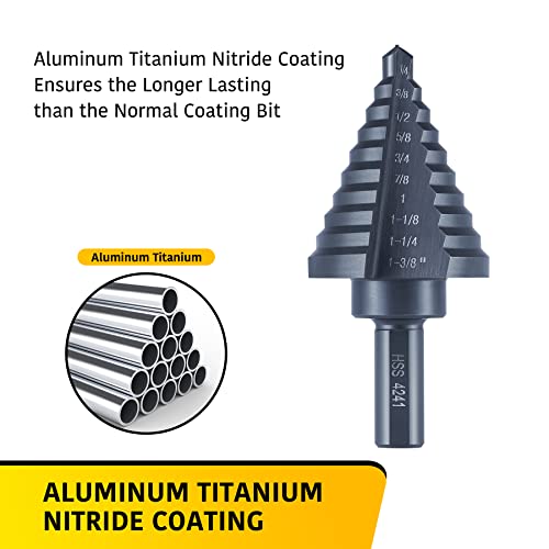 Anfrere 10 Sizes Step Drill Bit for Metal Sheet, 1/4 to 1-3/8 Inches High Speed Steel Drill Cone Bits for Hole Drilling Cutting, HSS Multi Size Hole Stepped Up Unibit - Image 4