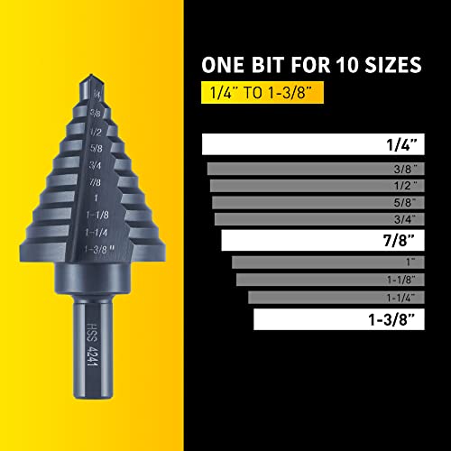 Anfrere 10 Sizes Step Drill Bit for Metal Sheet, 1/4 to 1-3/8 Inches High Speed Steel Drill Cone Bits for Hole Drilling Cutting, HSS Multi Size Hole Stepped Up Unibit - Image 5