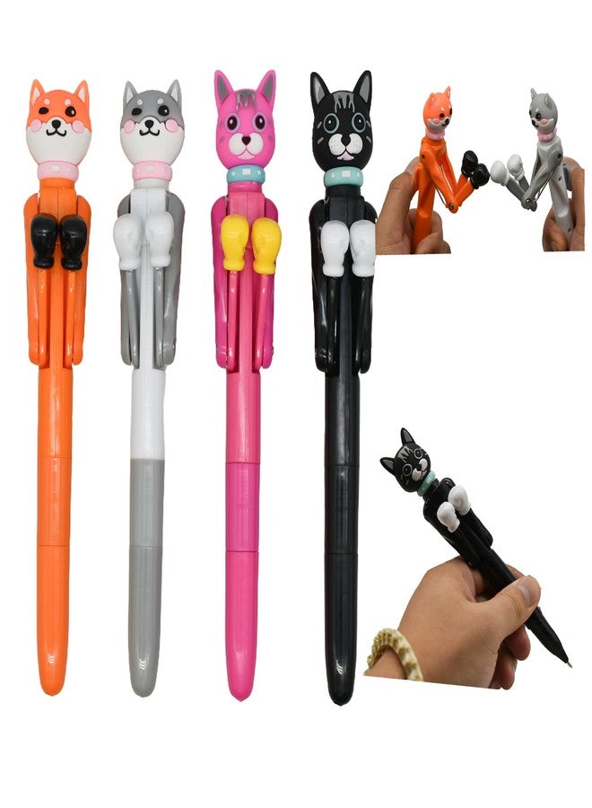 Lopenle 4 PCS Cool Boxing Cat Pens Funny Catty Ballpoint Pens Novelty Animal Boxing Pens With Black Ink For Office Birthday Party（4 Colors Random Pack - Image 1