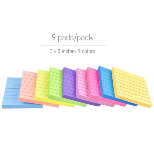 WSPER 9 Pack Lined Sticky Notes 3”x3” Bright Colors Self-Stick Note Pads with Line, 9 Colors Bulk Sticky Memo Pad for School, Office, Meeting - Image 4