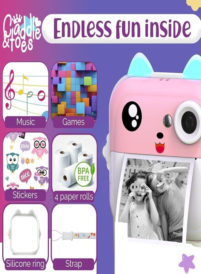 CADDLE & TOES كاميرا الطباعة الفورية للأطفال من كادل آند توز - دقة 1080 بكسل عالية الوضوح، 48 ميجابكسل، بلوتوث، تطبيق مجاني، 3 لفات من ورق الطباعة، ملصقات، فلاتر ممتعة، هدية للأطفال (وردي) - Image 5