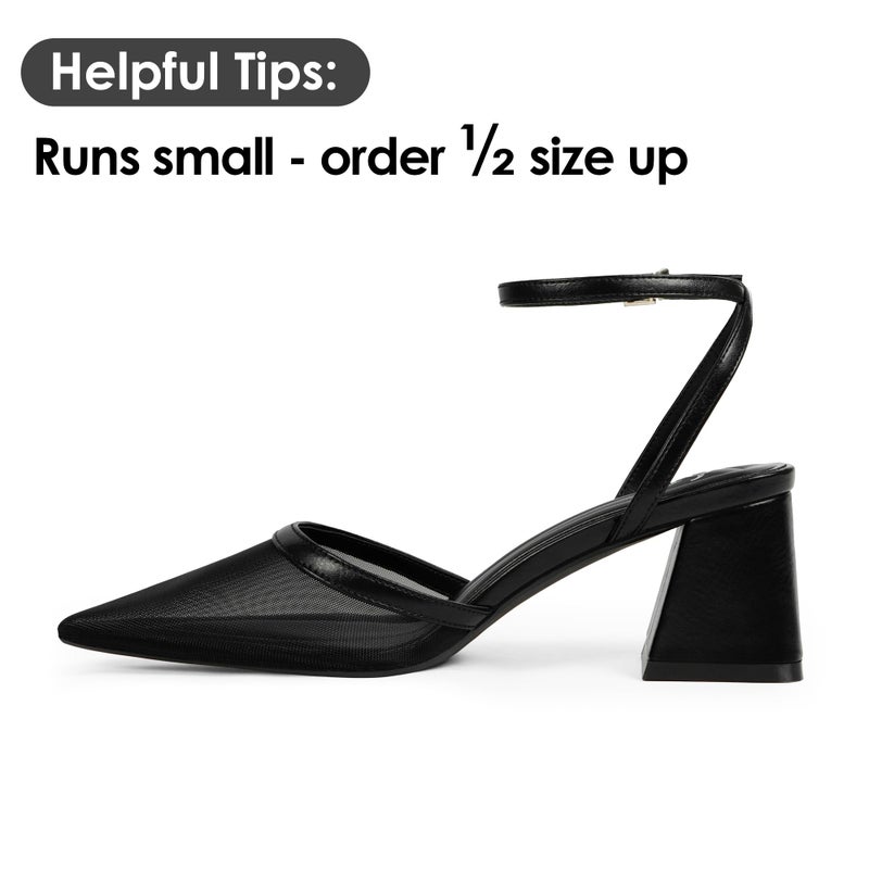 QIY Closed Toe Heels for Women Black Pointed Toe Mesh Heels for Women Chunky Block Low Short Heel Ankle Strap Strappy Sling Back Slingback Heel Womens Pumps Dress Wedding Shoes Size 8.5 - Image 4