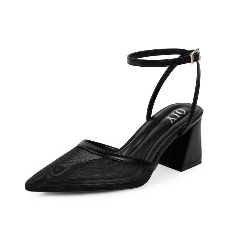 QIY Closed Toe Heels for Women Black Pointed Toe Mesh Heels for Women Chunky Block Low Short Heel Ankle Strap Strappy Sling Back Slingback Heel Womens Pumps Dress Wedding Shoes Size 8.5 - Image 1
