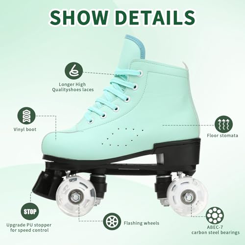 Gets Women's Roller Skates Light Up Wheels, Adjustable Double Row Roller Skates Outdoor Shiny Derby Skates Illuminating for Teens and Youth (Green Flash,39) - Image 3