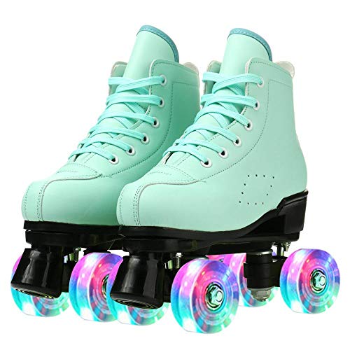 Gets Women's Roller Skates Light Up Wheels, Adjustable Double Row Roller Skates Outdoor Shiny Derby Skates Illuminating for Teens and Youth (Green Flash,39) - Image 1