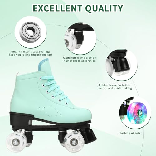 Gets Women's Roller Skates Light Up Wheels, Adjustable Double Row Roller Skates Outdoor Shiny Derby Skates Illuminating for Teens and Youth (Green Flash,39) - Image 2
