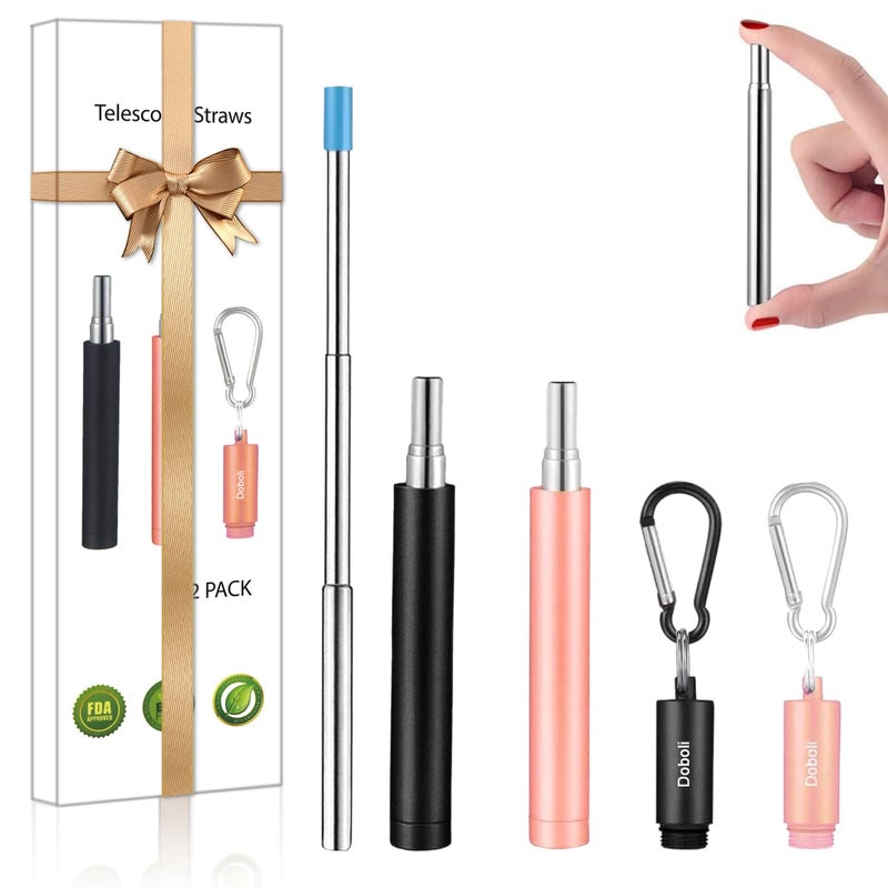 Doboli 2 Pack Reusable Metal Straws Collapsible Stainless Steel Drinking Straw Travel Portable Telescopic Straw with Case for Cruise Ship Essentials BlackRose Gold 