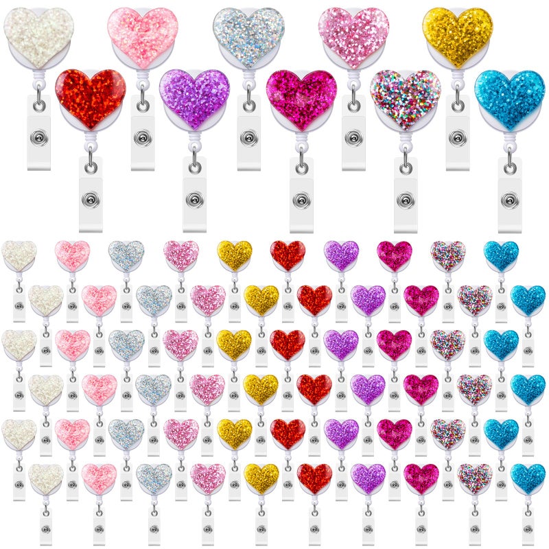 Geyoga 70 Pcs Bling Heart Retractable Badge Reel Valentines Love Shape Clip Holder for Nurses Women Cute Colorful ID Name Badge Reel with Alligator for Teachers Office Party Favors Gifts - Image 1