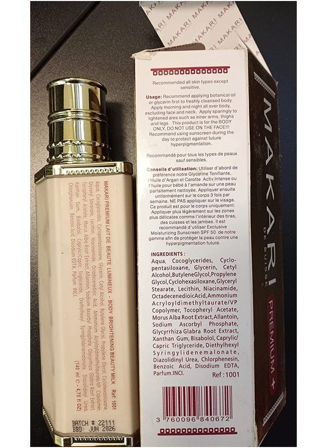 Makari Premium+ Body Brightening Beauty Milk (4.57 fl oz) | Anti-Aging Body Lotion | Softens and Smoothens Skin | Helps Diminish Discolorations and Dark Marks | Enhances Luminosity and Vibrance