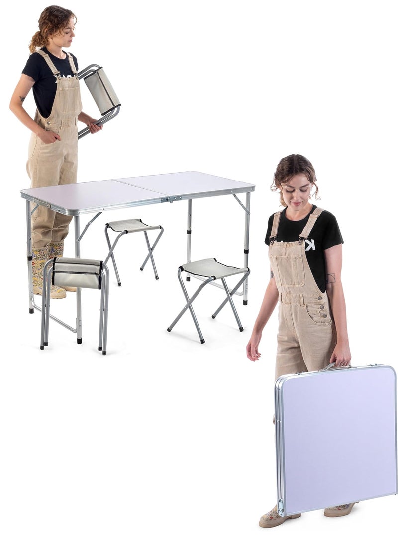 DBLEW 120cm Folding Aluminum Picnic Table Set with 4 Folding Stools Adjustable Height (55/62/70cm) Portable Lightweight Outdoor Camping Table for Picnic, BBQ, Beach & Garden Use Durable Compact Design - Image 4