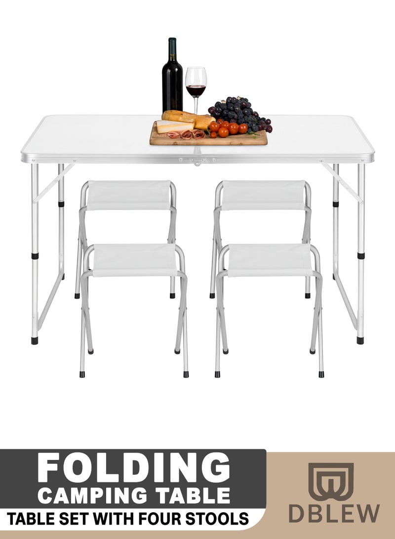 DBLEW 120cm Folding Aluminum Picnic Table Set with 4 Folding Stools Adjustable Height (55/62/70cm) Portable Lightweight Outdoor Camping Table for Picnic, BBQ, Beach & Garden Use Durable Compact Design - Image 1