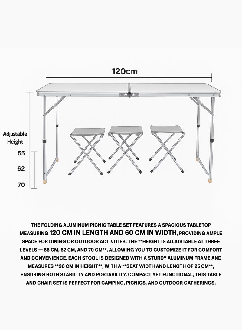 DBLEW 120cm Folding Aluminum Picnic Table Set with 4 Folding Stools Adjustable Height (55/62/70cm) Portable Lightweight Outdoor Camping Table for Picnic, BBQ, Beach & Garden Use Durable Compact Design - Image 5