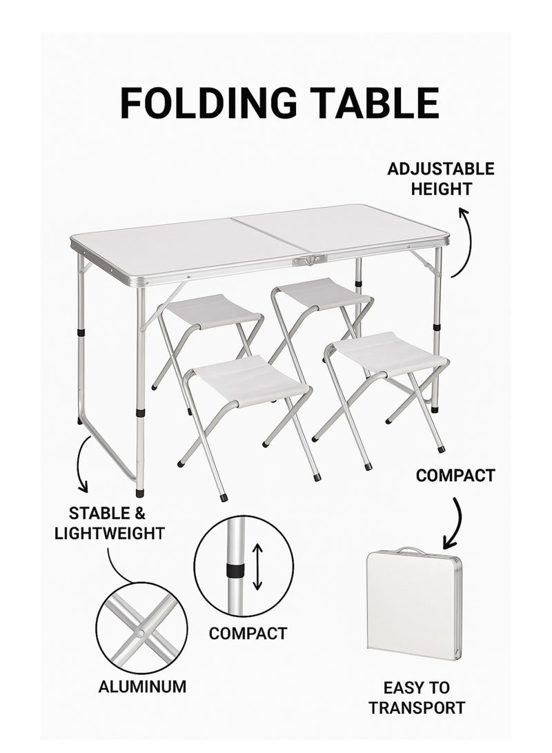 DBLEW 120cm Folding Aluminum Picnic Table Set with 4 Folding Stools Adjustable Height (55/62/70cm) Portable Lightweight Outdoor Camping Table for Picnic, BBQ, Beach & Garden Use Durable Compact Design - Image 3