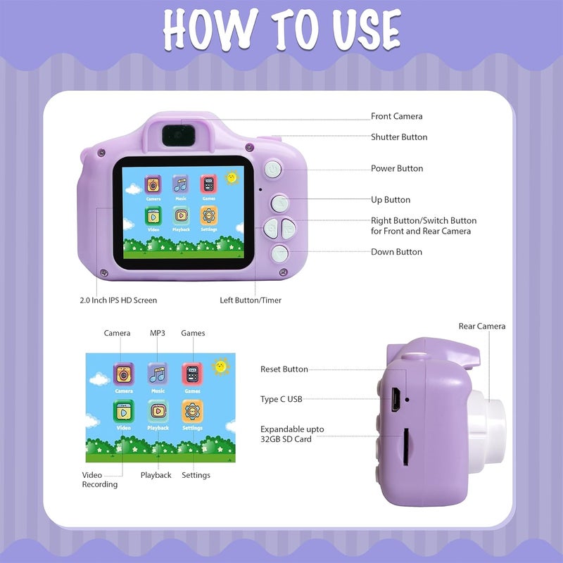 ESSENTIALEASE Kids Digital Camera 1080 Pixels HD Unicorn Mini Video Camcorder For Boys & Girls, Age 4, 5, 8-10| 2-Inch HD Screen, Selfie | Child-Safe Design | Expandable Up To 32GB (Purple) - Image 2