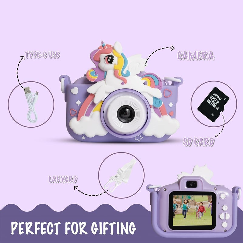 ESSENTIALEASE Kids Digital Camera 1080 Pixels HD Unicorn Mini Video Camcorder For Boys & Girls, Age 4, 5, 8-10| 2-Inch HD Screen, Selfie | Child-Safe Design | Expandable Up To 32GB (Purple) - Image 5