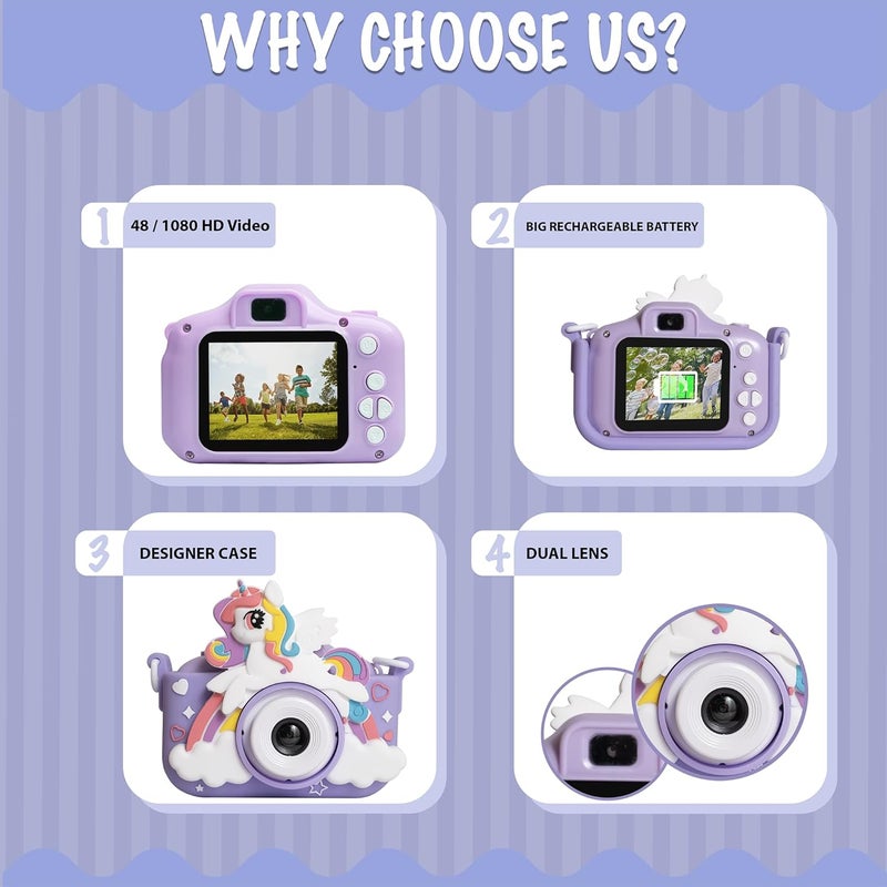 ESSENTIALEASE Kids Digital Camera 1080 Pixels HD Unicorn Mini Video Camcorder For Boys & Girls, Age 4, 5, 8-10| 2-Inch HD Screen, Selfie | Child-Safe Design | Expandable Up To 32GB (Purple) - Image 4