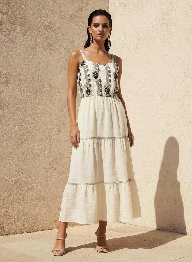 2Xtremz 2Xtremz Tiered Midi Strappy Dress with Embroidered Design