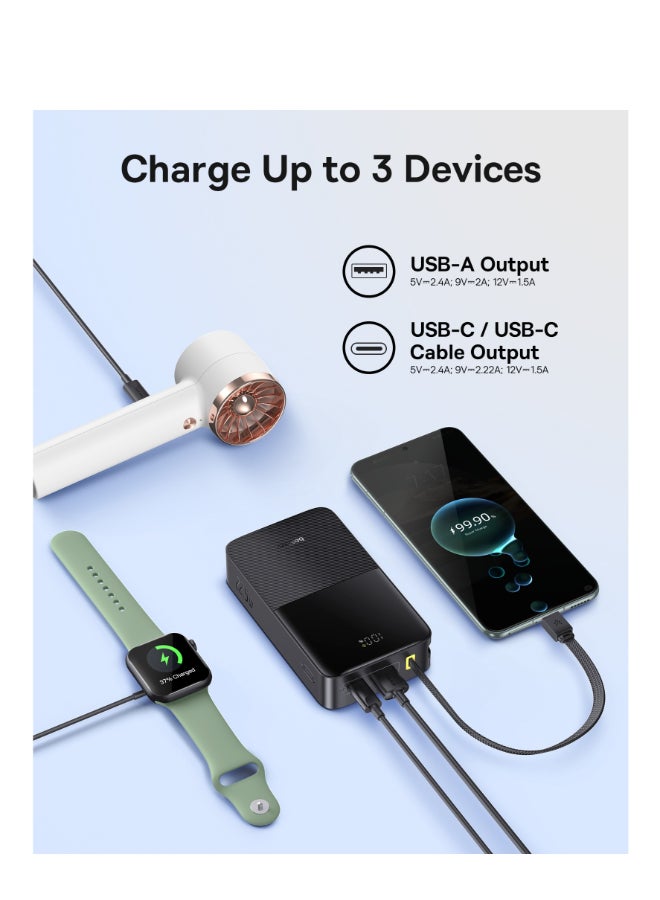 بيسوس بنك طاقة USB-C بسعة 22.5 واط PD وشحن سريع QC 3.0 مع كابل USB-C مضفر مدمج شاشة LED شاحن محمول عالي السرعة لجهاز iPhone 16 15 14 iPad Samsung Galaxy S25 S24 S23 Google Pixel OnePlus أجهزة Android صديق للسفر معتمد من شركات الطيران حزمة بطارية - Image 3