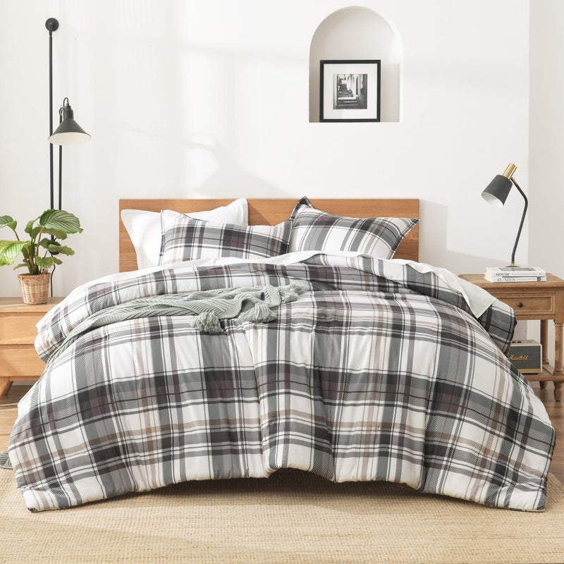 Andency Gray Brown Black Plaid Comforter Set Twin(66x90 Inch), 2 Pieces Grid Gingham Stripes Bedding Comforter Sets for Boys Girls Kids Teens, Preppy Geometric Line Soft Lightweight Reversible Bed Set - Image 3