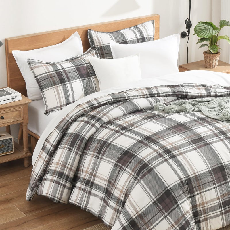 Andency Gray Brown Black Plaid Comforter Set Twin(66x90 Inch), 2 Pieces Grid Gingham Stripes Bedding Comforter Sets for Boys Girls Kids Teens, Preppy Geometric Line Soft Lightweight Reversible Bed Set - Image 1