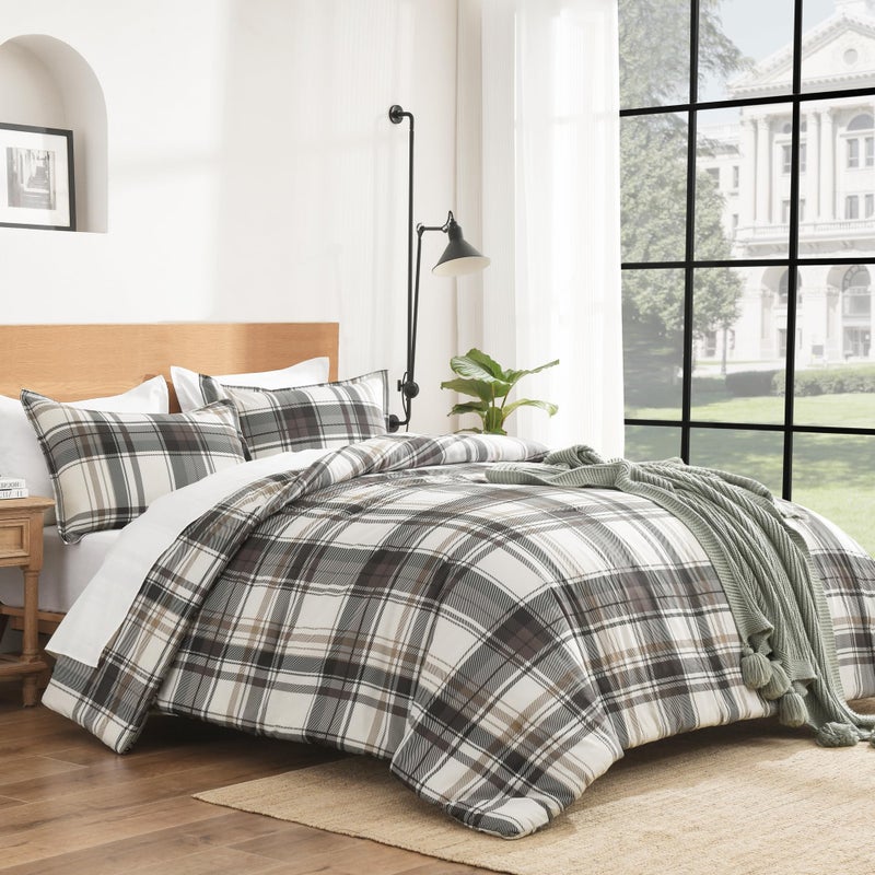 Andency Gray Brown Black Plaid Comforter Set Twin(66x90 Inch), 2 Pieces Grid Gingham Stripes Bedding Comforter Sets for Boys Girls Kids Teens, Preppy Geometric Line Soft Lightweight Reversible Bed Set - Image 2