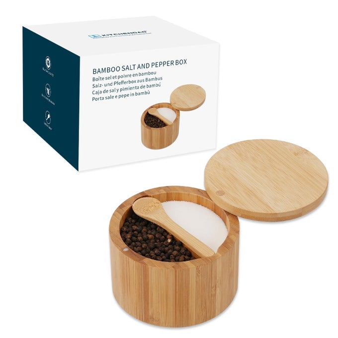 BAMBOO SALT AND PEPPER BOWL BOX CELLAR BUILTIN SPOON TWO COMPARTMENTS SPICE SEASONING CONTAINER SEA SALT CELLAR HOLDER MAGNETIC SWIVEL LID DUAL 5OZ CAPACITY