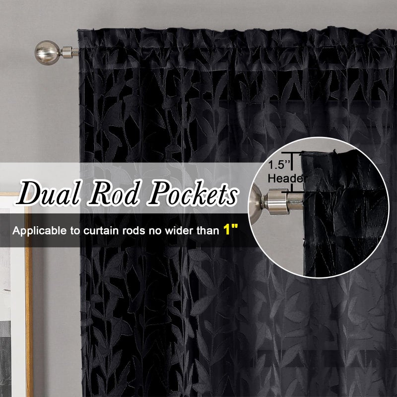 Lecloud Leia Jacquard Textured Leaf Sheer Black Curtains 84 Inches Long 2 Panels, Clip Light Filtering Voile Dining Room Bedroom Curtain, Double Rod Pockets Window Living Room Drapes, 38x84 Inch - Image 2