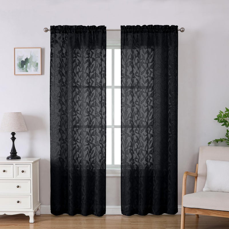 Lecloud Leia Jacquard Textured Leaf Sheer Black Curtains 84 Inches Long 2 Panels, Clip Light Filtering Voile Dining Room Bedroom Curtain, Double Rod Pockets Window Living Room Drapes, 38x84 Inch - Image 1