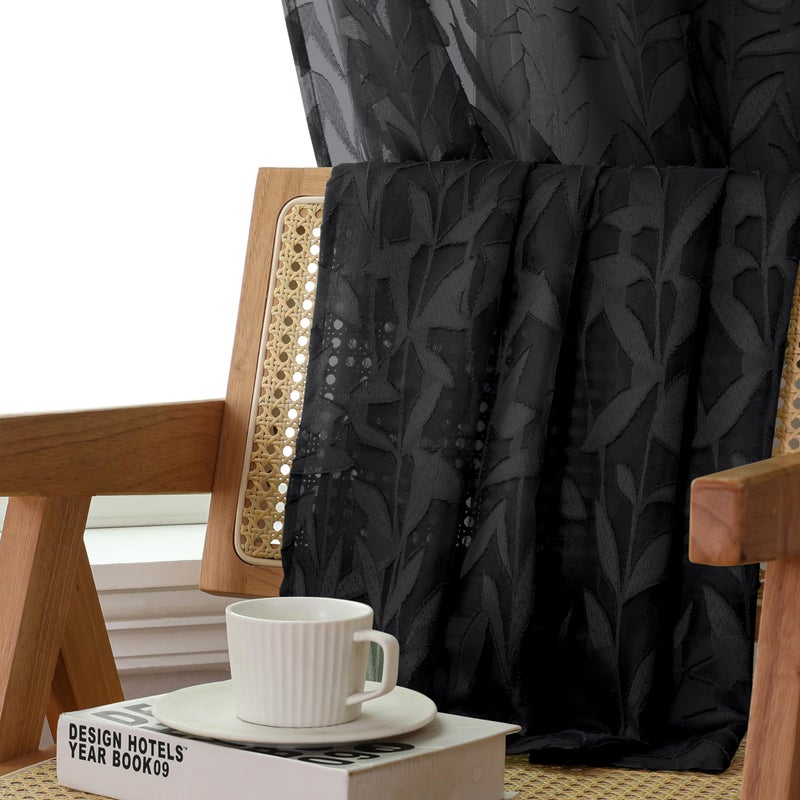 Lecloud Leia Jacquard Textured Leaf Sheer Black Curtains 84 Inches Long 2 Panels, Clip Light Filtering Voile Dining Room Bedroom Curtain, Double Rod Pockets Window Living Room Drapes, 38x84 Inch - Image 3
