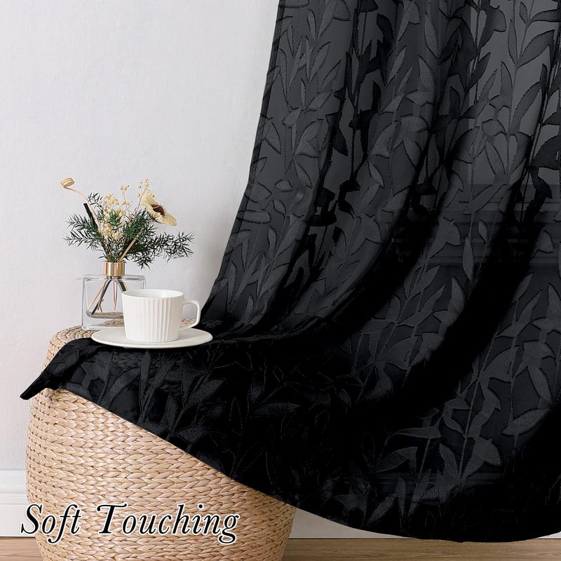Lecloud Leia Jacquard Textured Leaf Sheer Black Curtains 84 Inches Long 2 Panels, Clip Light Filtering Voile Dining Room Bedroom Curtain, Double Rod Pockets Window Living Room Drapes, 38x84 Inch - Image 5