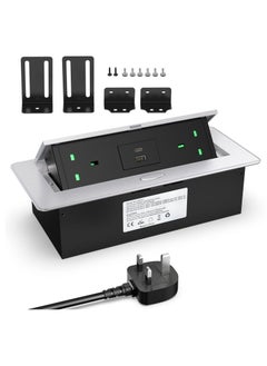 Recessed Power Socket with USB C PD20W, Desk Power Socket with USB, Aluminum Recessed Pop Up Socket for Desk Worktop 1.8M Cable, Aluminum(3250W/13A)