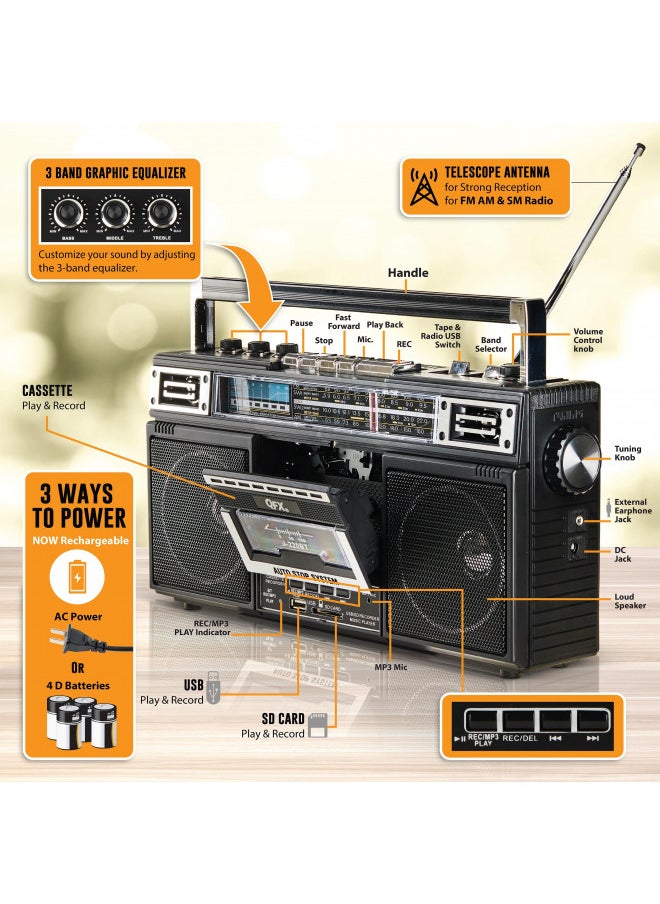 QFX - QFX J-220BT Boombox MP3 Conversion from Radio to Cassette with 4-Band (AM, FM, SW1, SW2) Radio with Bluetooth, Dual 3 Speakers, Built-in Microphone, Recorder, and a 3-Band Equalizer - Image 1
