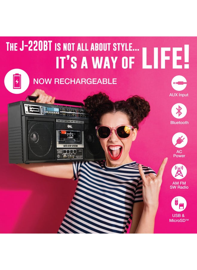QFX - QFX J-220BT Boombox MP3 Conversion from Radio to Cassette with 4-Band (AM, FM, SW1, SW2) Radio with Bluetooth, Dual 3 Speakers, Built-in Microphone, Recorder, and a 3-Band Equalizer - Image 1