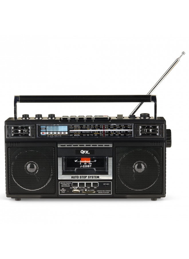 QFX - QFX J-220BT Boombox MP3 Conversion from Radio to Cassette with 4-Band (AM, FM, SW1, SW2) Radio with Bluetooth, Dual 3 Speakers, Built-in Microphone, Recorder, and a 3-Band Equalizer - Image 1