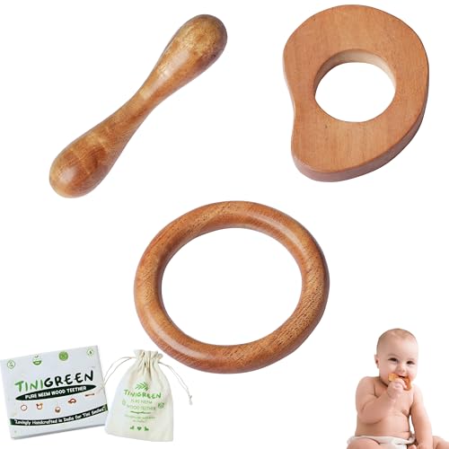 TINIGREEN Mango Ring Dumbbell Shaped Organic Neem Wood Teether for 6 to 12 Months Infant Baby (Mango Ring Dumbbell Shape) - Pack of 3 - Image 1