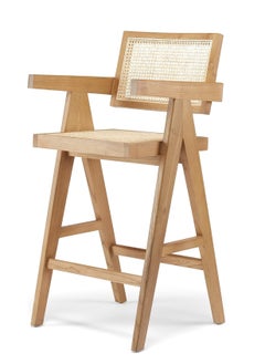 Neo Front Neo Front Mid-Century Modern Barstool with Arms & Back – Teak Wood, Woven Cane, Cushioned Seat – Barstool for Kitchen, Home Bar, Restaurant, Cafe, Lounge, and Commercial Use B512-75  - Image 1